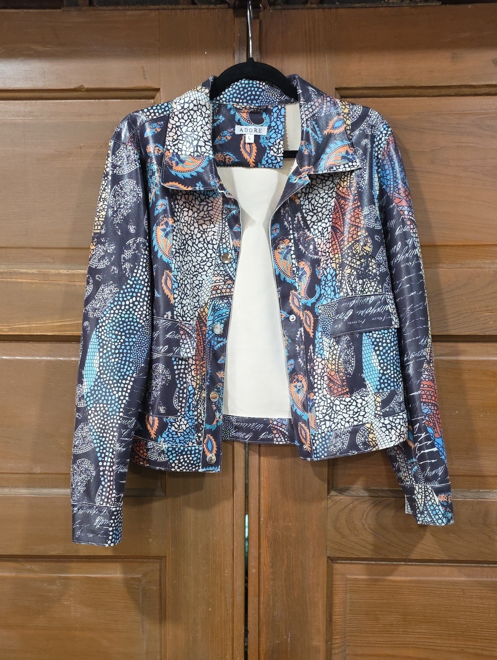 Adore Navy, Blue & Orange Patterned Jean Jacket
